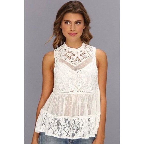 Free People White Vintage Inspired Sheer Floral Lace Mock Neck Casual Boho Top - Picture 1 of 16